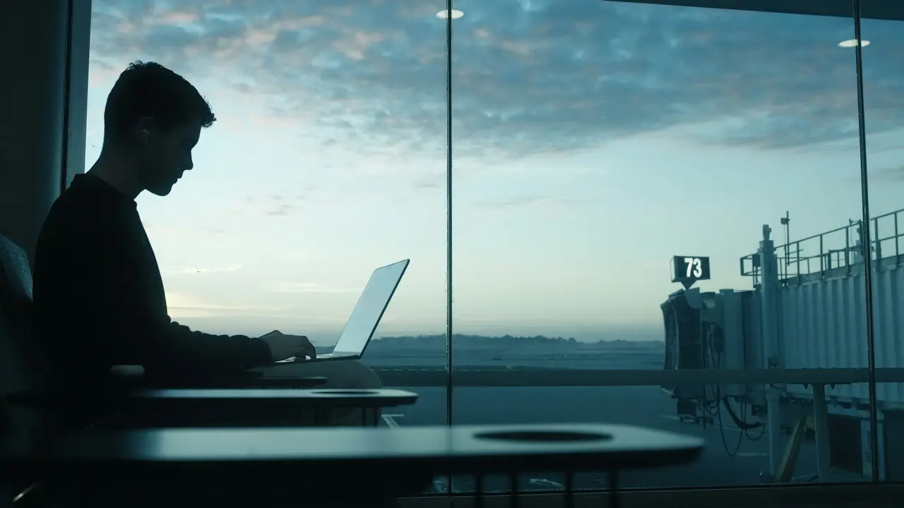 A traveller working on a laptop by an airport window at sunrise